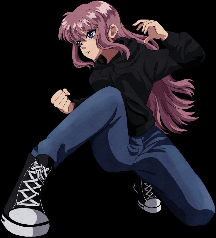 Mizuko crouched down and is getting ready to toss a punch at her opponent.