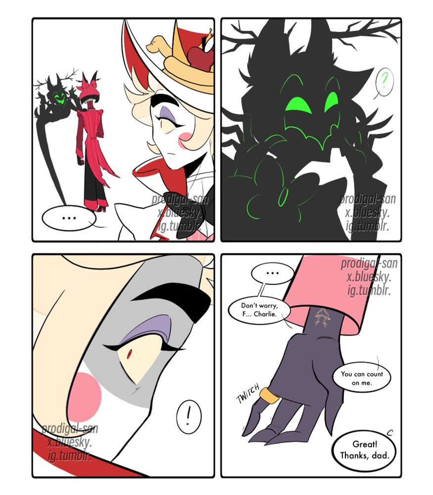 Lucifer glances back at Alastor. Alastor's Shadow still has an uncanny resemblance to his mark. He reassures Charlie that she can count on him, almost calling her "Father."