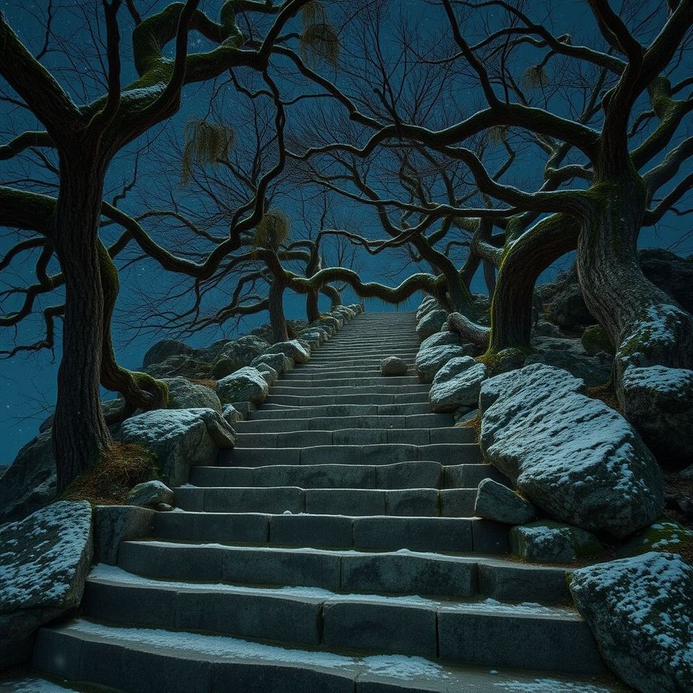 Seven mischievous steps beyond the horizon Location as old as the world or even the universe
huge ancient stone endless stairs that go beyond the horizon, gnarled trees with overhanging branches stretch above, draped in moss and slime
