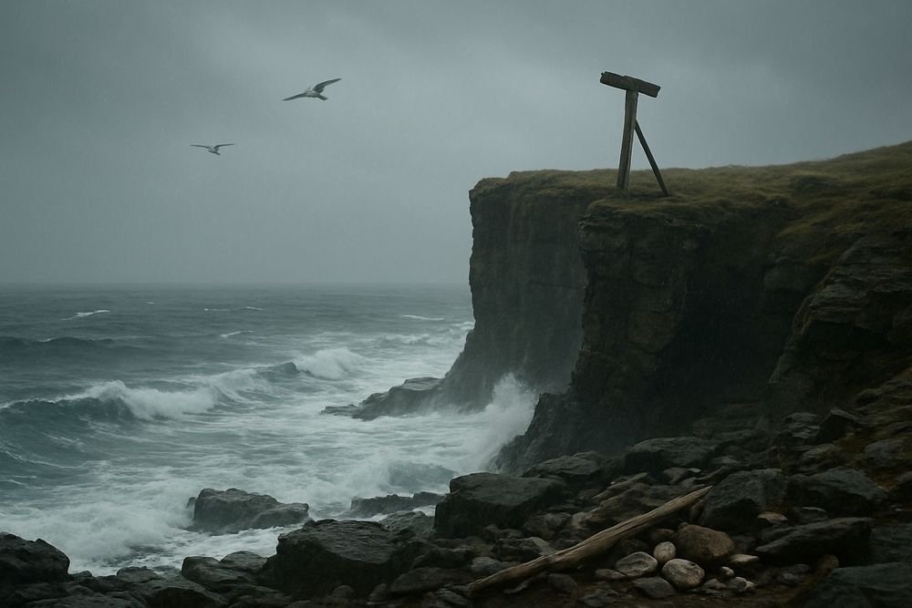 Clifftop Overlook A jagged cliff tower overlooking the tumultuous ocean below, where relentless waves crash against ancient stones The wind carries the scent of salt and spray, and seabirds cry overhead This place feels both ominous and awe-inspiring, perfect for moments of reflection or daring que