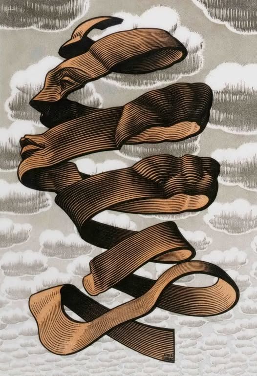 M. C. Escher's wood engraving titled "Rind," depicting the skin of the head and neck of a woman peeled as if it was an orange, floating in a sky full of clouds.