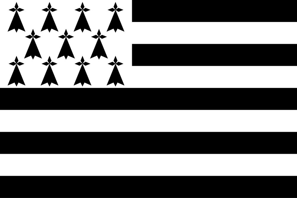 Flagge der Bretagne.
Grundaufbau wie US-Flagge - Streifen und davon abweichendes Viereck oben links (Gösch)
Fünf schwarze und vier weiße horizontalen Streifen gleicher Breite, die abwechselnd angeordnet sind.
Hinzu kommt oben mastseitig eine weiße, mit schwarzen Hermelinen besäte Vierung („Gösch“).