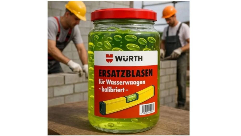 Ein (KI-generiertes) Bild mit einem Schraubglas voll grünlich-gelber Flüssigkeit mit vielen Luftblasen darin. 
Auf dem Etikett steht:
WÜRTH
ERSATZBLASEN
Für Wasserwaagen
- kalibriert -

Im Hintergrund sind zwei Bauarbeiter, mit Helm und Latzhose, an einer Beton-Stein-Mauer zu sehen