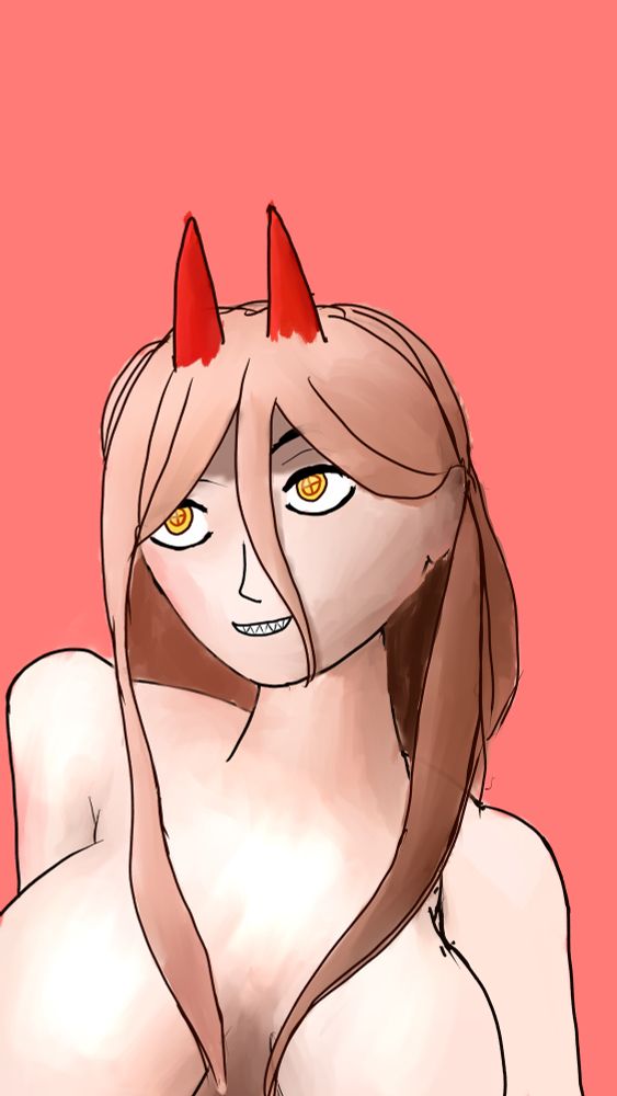 A portrait of Power from chainsaw man. She has a messy hair on front of her. She is  naked and smiling. She is looking up.