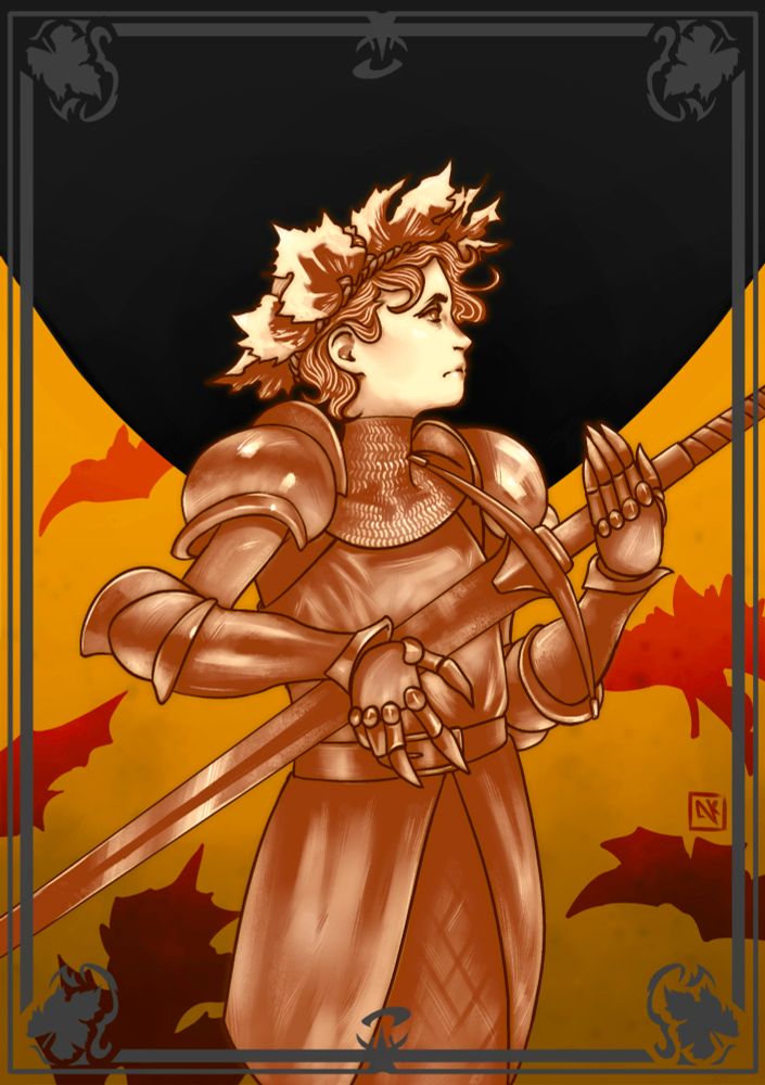 Posterlike drawing of a knight with a leaf crown