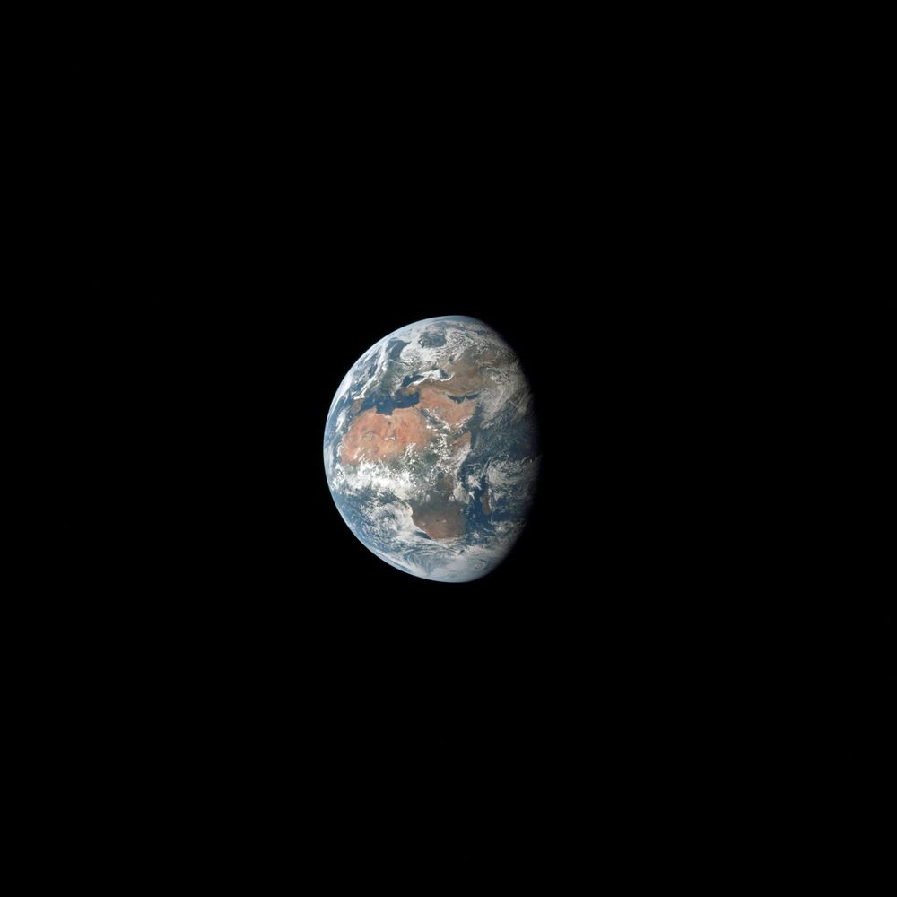 In the blackness of space, the Earth is ¾ illuminated in this photo taken on July 17, 1969. Africa and the Arabian Peninsula are visible in this spectacular photo taken by the Apollo 11 astronauts on their trans-lunar coast toward the Moon.
