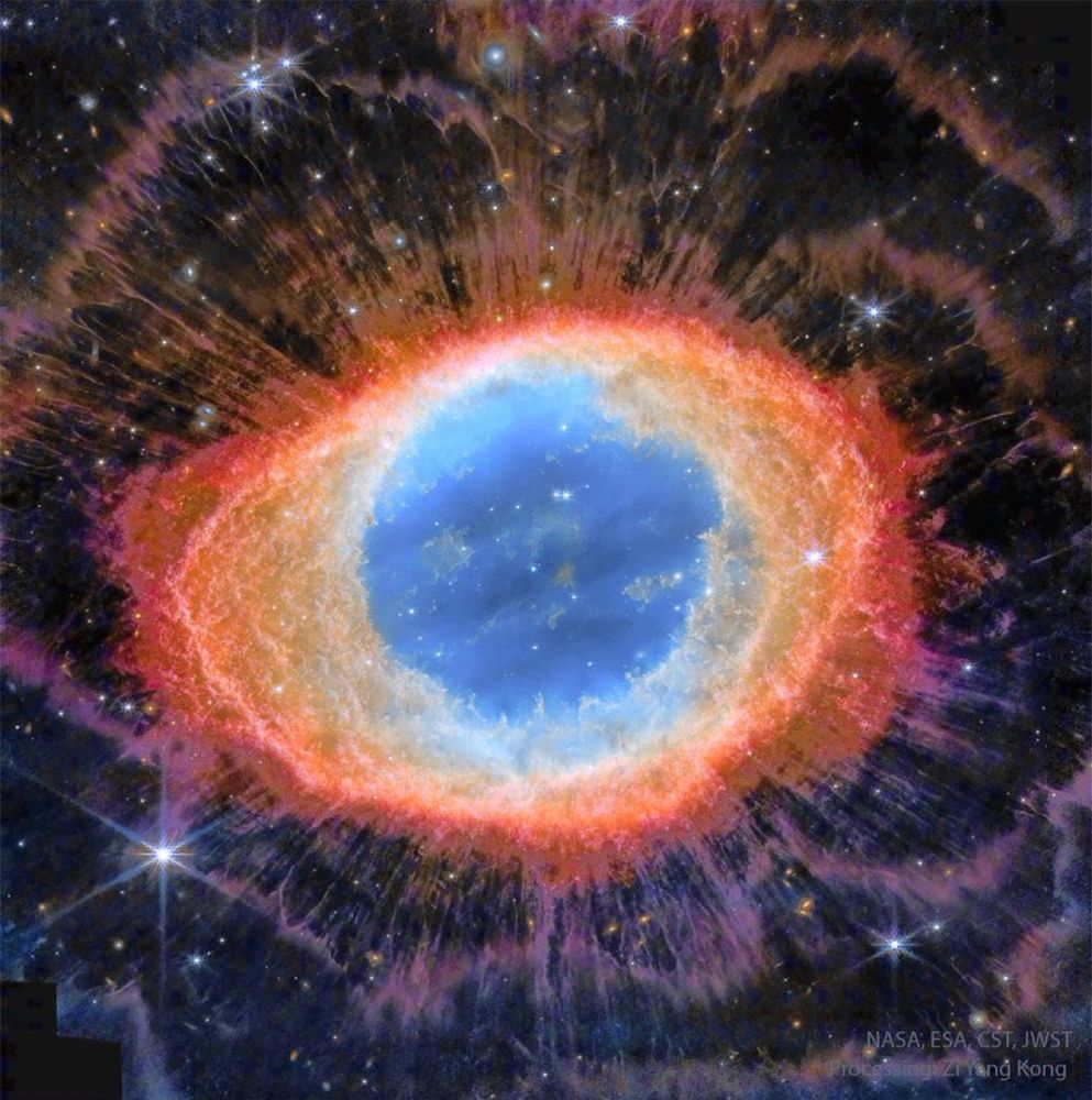 The Ring Nebula (M57), is more complicated than it appears through a small telescope. The easily visible central ring is about one light-year across, but this remarkable combined exposure by the James Webb Space Telescope and the Hubble Space Telescope explores this popular nebula with deep exposures in visible and infrared light. Strings of gas, like eyelashes around a cosmic eye, become evident around the Ring in this digitally enhanced featured image in assigned colors. These long filaments may be caused by shadowing of knots of dense gas in the ring from energetic light emitted within.