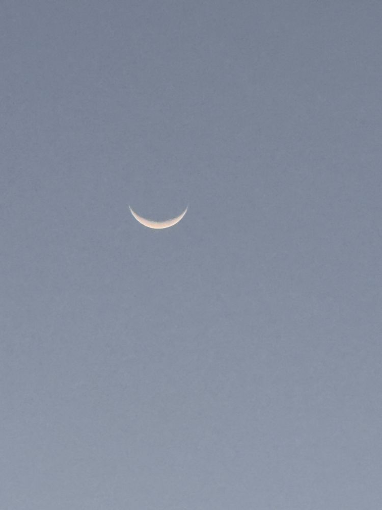 The crescent moon in the evening sky. It appears like a smile.