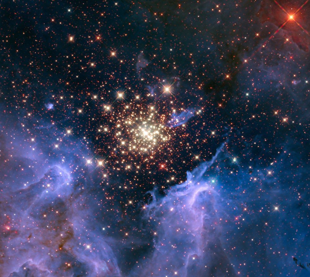 The giant nebula NGC 3603 is a prominent star-forming region in the Carina spiral arm of our galaxy, about 20,000 light-years away. Within its core is nestled a stellar "jewel box" of thousands of sparkling young stars, one of the most massive young star clusters in the Milky Way Galaxy.

The cluster is surrounded by purple clouds of interstellar gas and dust — the raw material for new star formation. This bubble provides an unobstructed view of the cluster and reveals stages in the life cycle of stars.