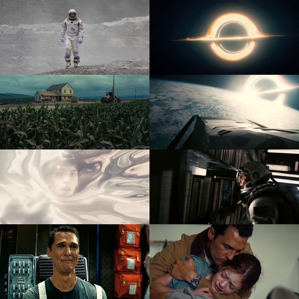 A collage of scenes from Interstellar. There are 4 on each side. On the left side, there’s Cooper walking through the frozen planet, a shot of Cooper’s house and the cornfield, Dr. Brand touching the warp in spacetime, and Cooper crying. On the right side, there’s the black hole Gargantua, Gargantua and the ranger spacecraft above a planet, Cooper looking through the bookshelf in the other dimension, and Cooper holding young Murph while she’s crying. 