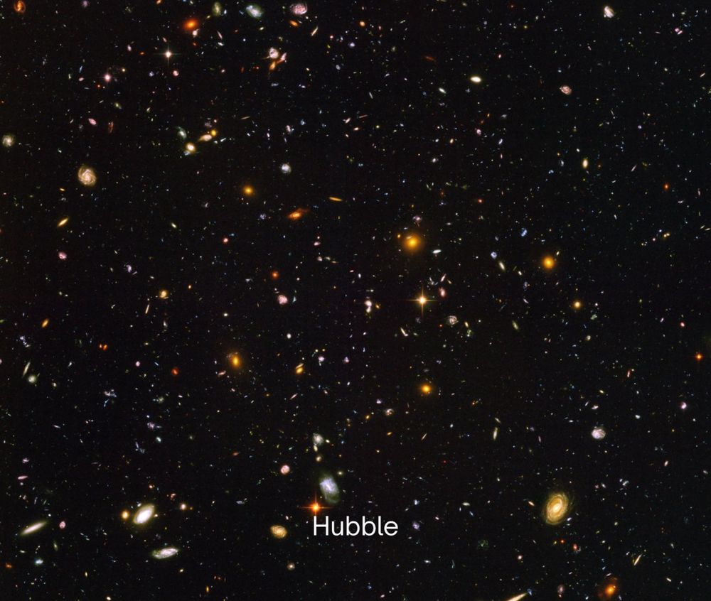 Hubble's Ultra Deep Field image. An area of deep space filled with with galaxies in all shapes and sizes. They are mostly in shares of orange with some in shades of red, blue, yellow, and white. An area of deep space filled with with galaxies in all shapes and sizes. They are mostly in shares of orange with some in shades of red, blue, yellow, and white. "Hubble" text in lower right in white.