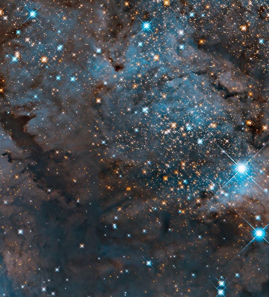 Blue and orange stars glitter across the image, interwoven with dark clouds of brown dust and bright, glowing regions of blue.