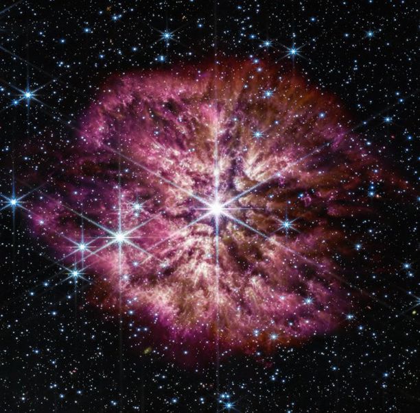 A prominent, eight-pointed star shines in bright white at the center of this image. A clumpy cloud of material surrounds this central star, with more material above and below than on the sides, in some places allowing background stars to peek through. The cloud material is a dark yellow closer to the star, and turns a pinkish purple at its outer edges. Combined together, the central star and its cloud resemble the delicate petals of a cherry blossom. The black background features many smaller white stars scattered throughout.