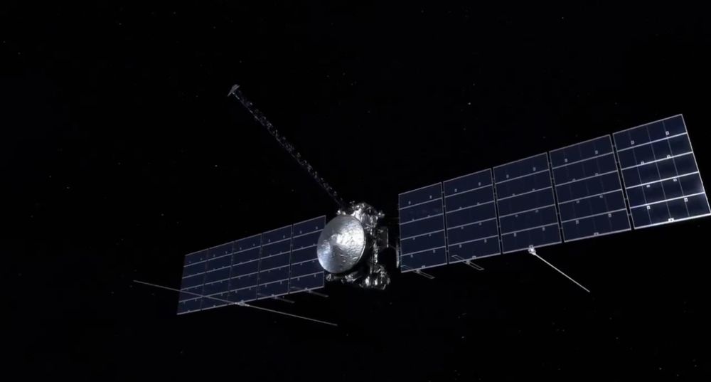 A screenshot of an animation of the Europa Clipper spacecraft in space. 