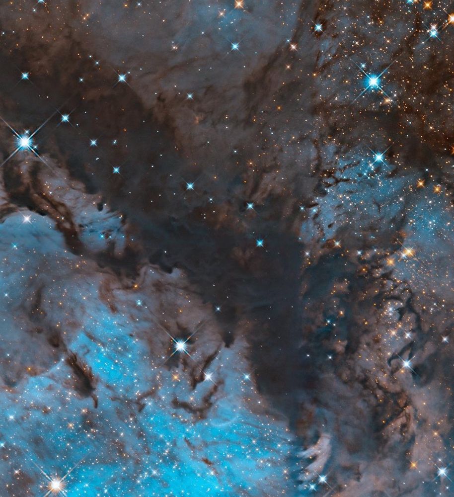 Blue and orange stars glitter across the image, interwoven with dark clouds of brown dust and bright, glowing regions of blue.