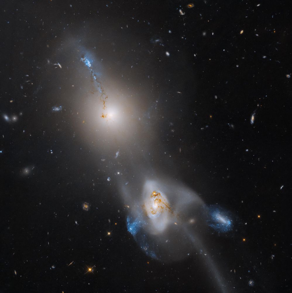 An elliptical galaxy (upper left) and a spiral galaxy (lower right) are connected by a stream of drawn-out gas. Two significant bright blue blobs of star formation are visible on the outskirts of the spiral galaxy, and another extends away from the center of the elliptical. A long tail is visible extending from the spiral galaxy.