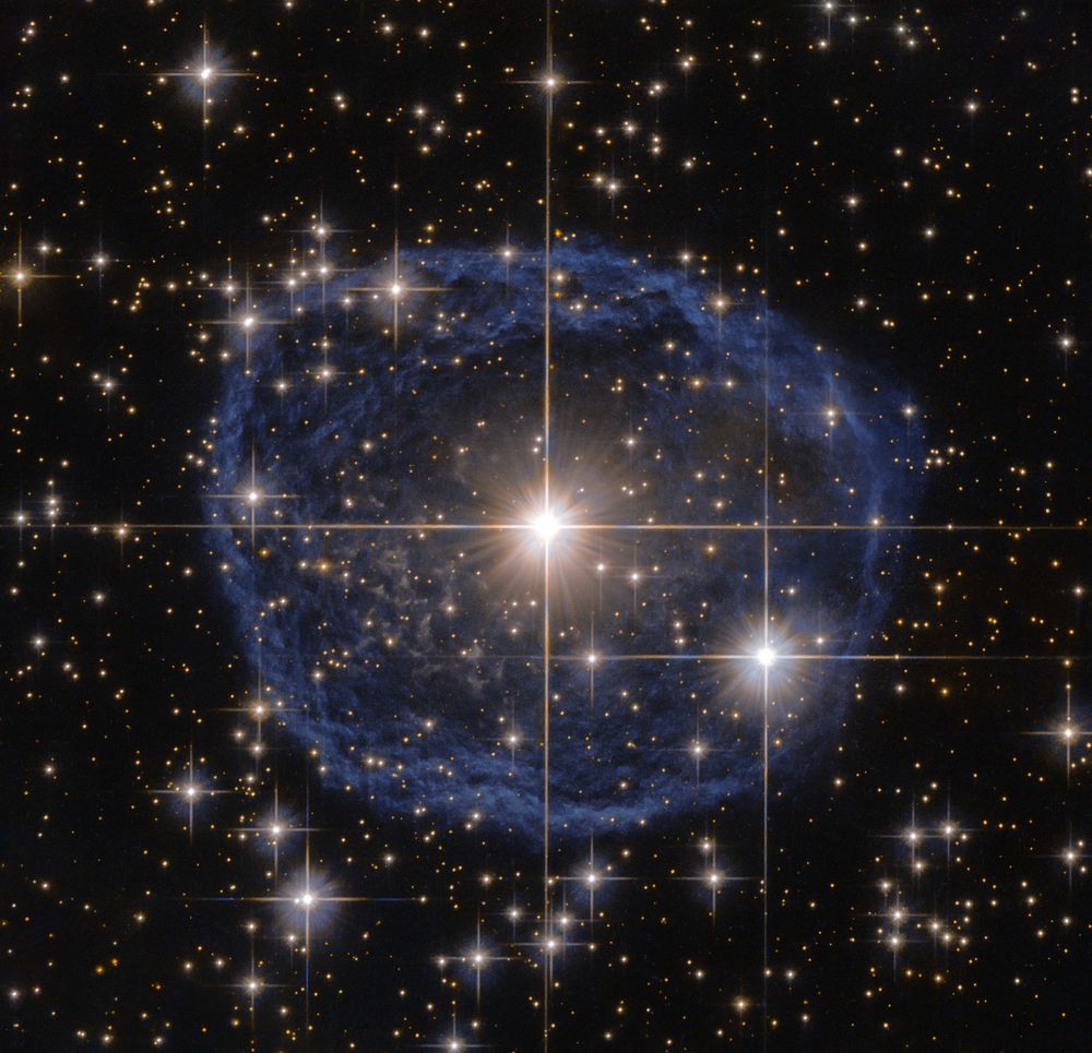 A bright star with four diffraction spikes shines at the center of the image, surrounded by a dark blue ring of gas and dust. Other stars fill the image, all against black space.