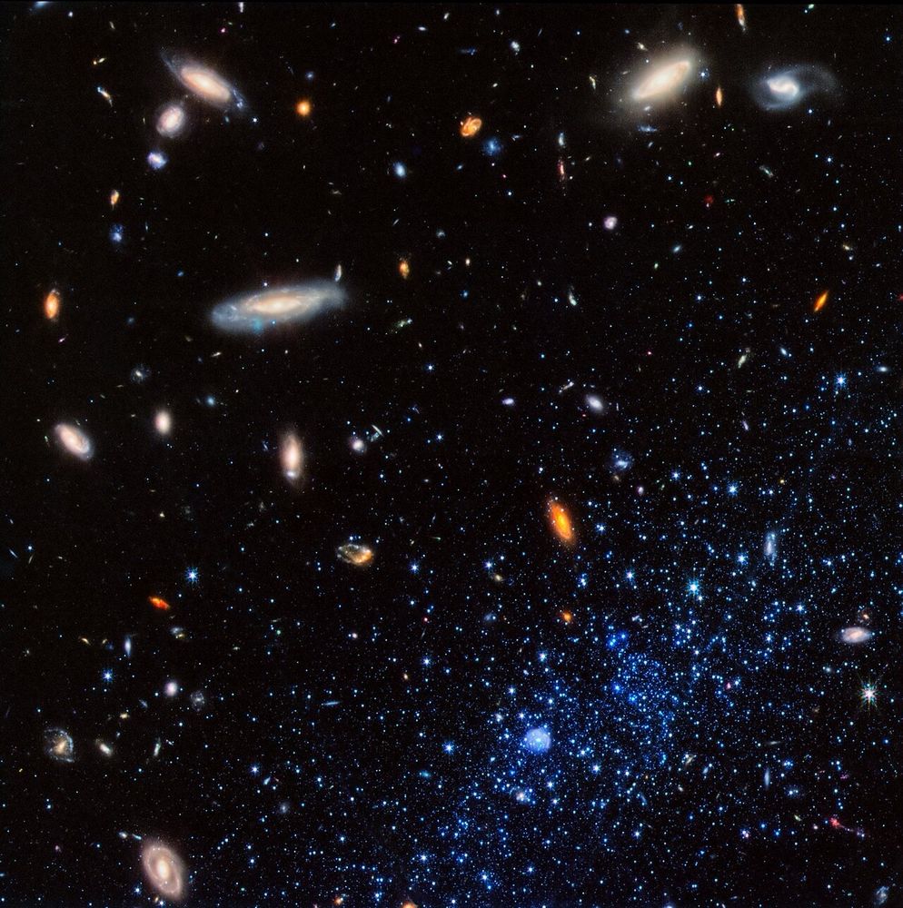 This image from the NASA/ESA/CSA James Webb Space Telescope shows a portion of the Leo P dwarf galaxy (stars at lower right represented in blue). Leo P is a star-forming galaxy located about 5 million light-years away in the constellation Leo. 

The image from Webb’s NIRCam (Near-Infrared Camera) combines infrared light at wavelengths of 0.9 microns (represented in blue), 1.5 microns (green), and 2.77 microns (red). The stars in Leo P appear blue in comparison to the background galaxies for several reasons. Young, massive stars that are common in star-forming galaxies are predominantly blue. Leo P also is extremely lacking in elements heavier than hydrogen and helium, and the resulting “metal-poor” stars tend to be bluer than Sun-like stars. A bubble-like structure at bottom center is a region of ionized hydrogen surrounding a hot, massive O-type star.