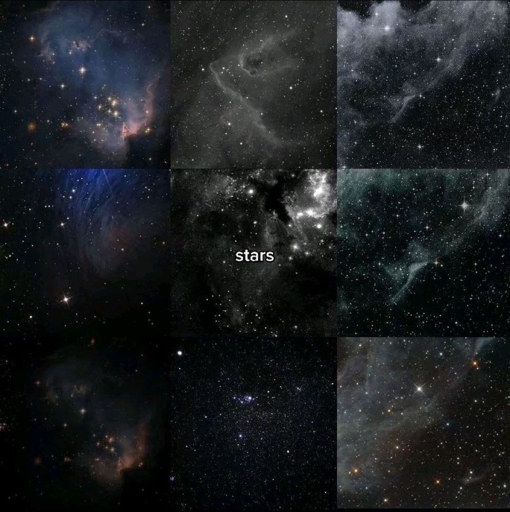 A nine panel collage of different space images containing many stars. In the center of the image in white text it reads: “stars”. 