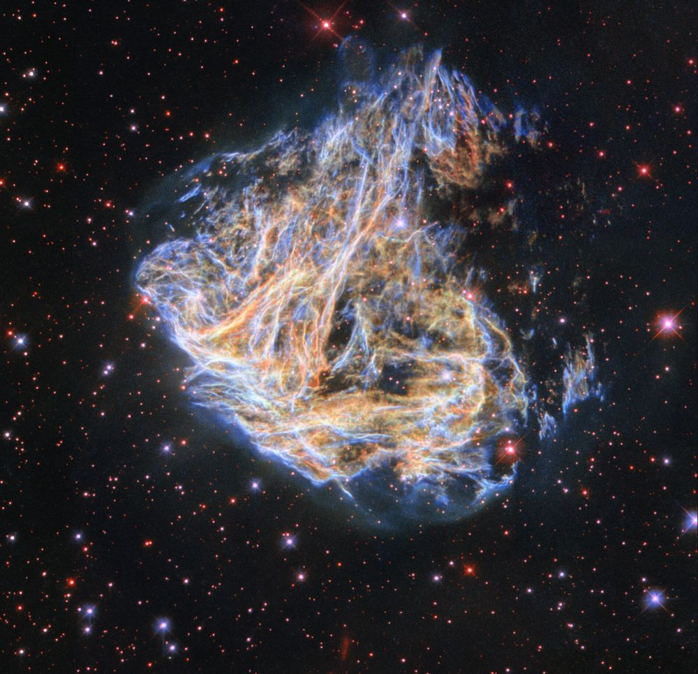 Taking up the central area of the image is the colorful supernova remnant DEM L 190, which is made of intricate tendrils of cosmic material glowing in shades of purple, yellow, orange, and blue. The edges of the image are black and scattered with red and purple-ish stars.