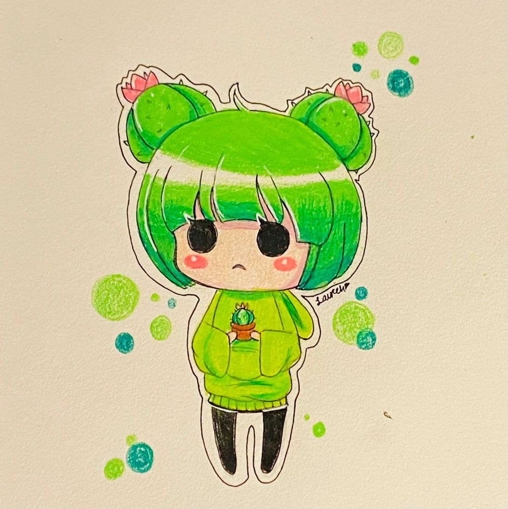 Drawing of a green chibi character with hair buns that look like cacti 