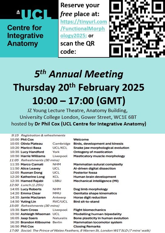 Poster having the UCL Centre for Integrative Anatomy name and logo, QR code and url for the Eventbrite registration page, attendance details and speaker schedule