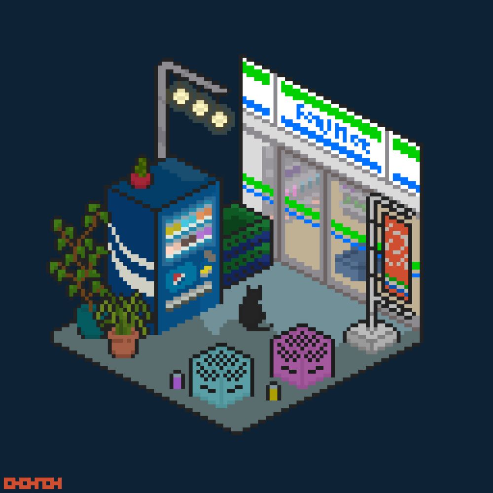 Isometric pixel art of a convenience store. In front of the store are a sign with an advertisement, two milk crates with some soda cans resting by them, some potted plants, and a soda vending machine. Behind the vending machine there is a streetlamp with 3 bulbs and some stacked shipping crates. The background is a deep blue, suggesting nighttime in the city. A black cat sits in the storefront’s light with its back facing us, casting a shadow across the pavement.