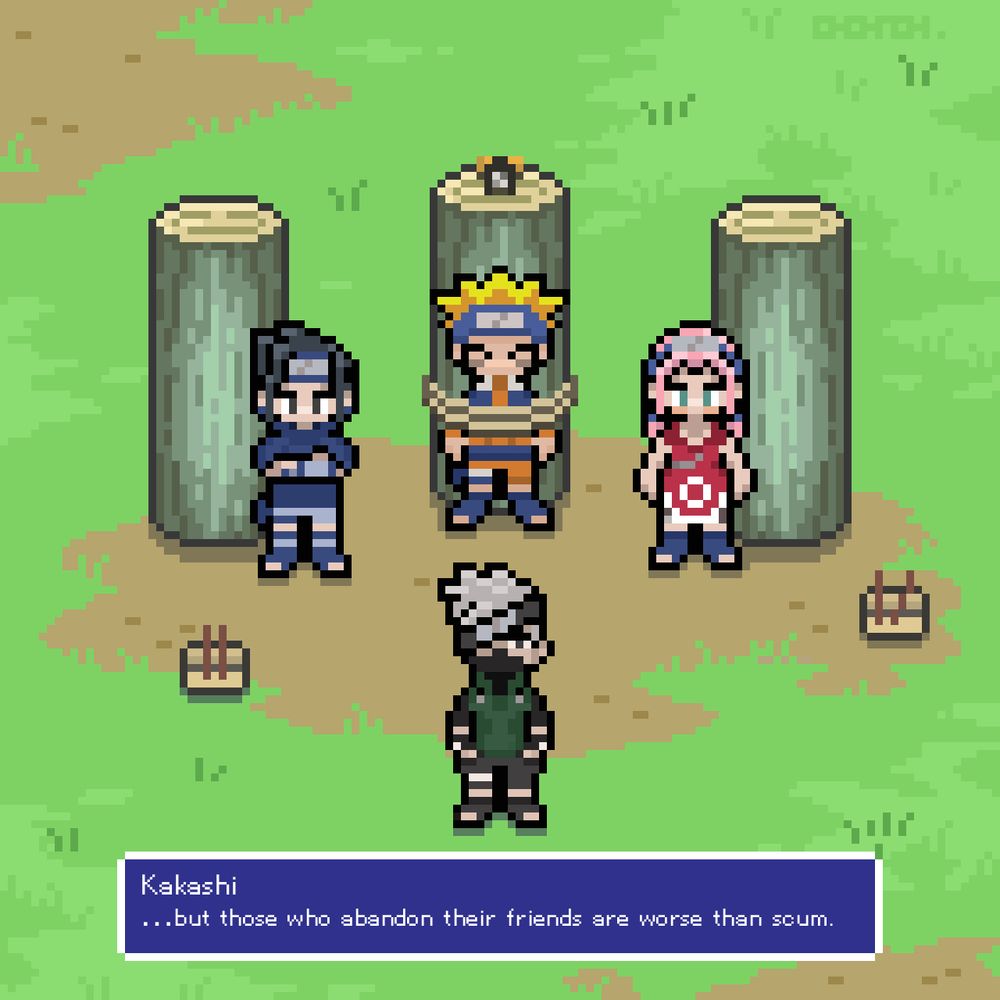 Sprite style pixel art of the bell test scene from Naruto. Naruto stands in the center, tied to an ash log standing upright in the field. There is an alarm clock resting atop the log. Left of him, Sasuke is standing with arms crossed. On Naruto’s right is Sakura. Sasuke and Sakura have empty bento boxes in front of them with chopsticks resting on them and ash logs behind them. In the foreground, Kakashi faces forward with his hands in his pockets, explaining that “those who abandon their friends are worse than scum” using a royal blue RPG-style speech bubble at the bottom of the image.