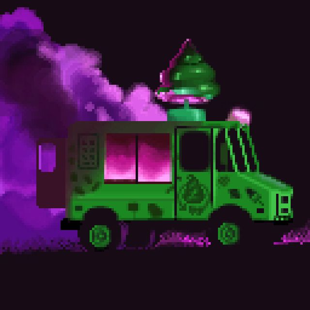 A hand drawn pixel image of an ice cream truck parked on a dark field. It has a large 3D ice cream swirl on its roof, and a glowing purple and pink smoke floats out of the open back hatch, illuminating the outline of the grass. The truck is cast in a green light that clashes with the tones of pink, purple, and black, creating a dreamlike palette. The image is taken from the movie I Saw The TV Glow (2024), a queer horror movie by Jane Schoenbrun