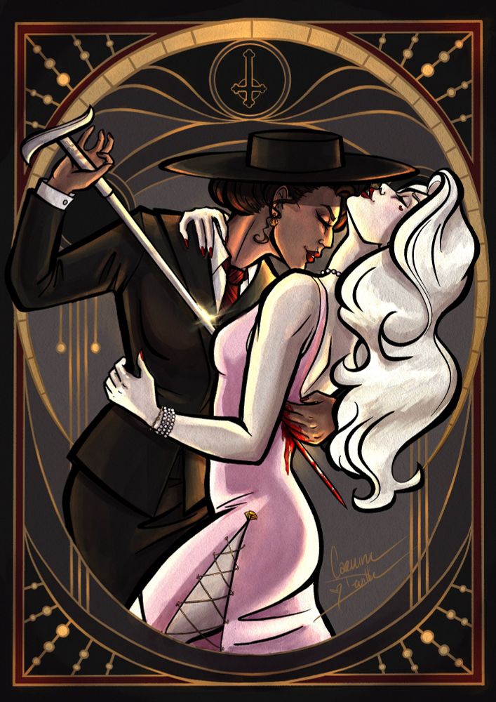 OCs, Lucita and Zoya
Digital artwork of two backlit women holding each other on a grey and gold art deco background. The Latina woman in the left, Lucita, wears a smart dark grey suit and Panama hat as she romantically dips Zoya, a peroxide blonde white woman in a pink gown, who tips her head back as Lucita leans in to kiss her throat. In her right hand, Lucita delicately holds the handle of her silver sword cane, which she's driven through Zoya's heart and out her back, spilling blood down the back of the pink dress.