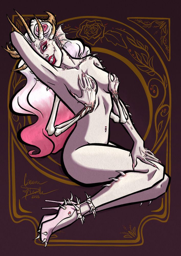 OC, Anja Sweet
Digital artwork of a very pale woman with long, ombre white and pink hair sitting in a pinup pose against a mauve and gold background. She is naked except for a pair of pink heels decorated with spikes. Her golden horns are arranged like a crown atop her head, frills of bone and thin flesh stretch out from behind her ears, and large, sharp bone spurs erupt from her shoulders, arms, and collarbone like thorns. A second partially skeletal pair of arms sprouts from between her shoulder blades to cover her breasts with slender, manicured hands.