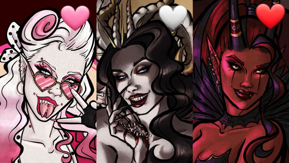 Lineup of three of Carmine's OCs.

Left, labelled with a pink heart: Anja Sweet, a pink pinup punk character with heart shaped sunglasses and ombre hair styled after the 1950s.

Middle, labelled with a white heart: Victoria Sweet, an agender feminine shapeshifter with golden horns, sharp teeth, where they don't belong, and a halo of golden thorns.

Right, labelled with a red heart: Mori, a red half-demon woman dressed in deep purple with a collar of raven feathers and long black horns.