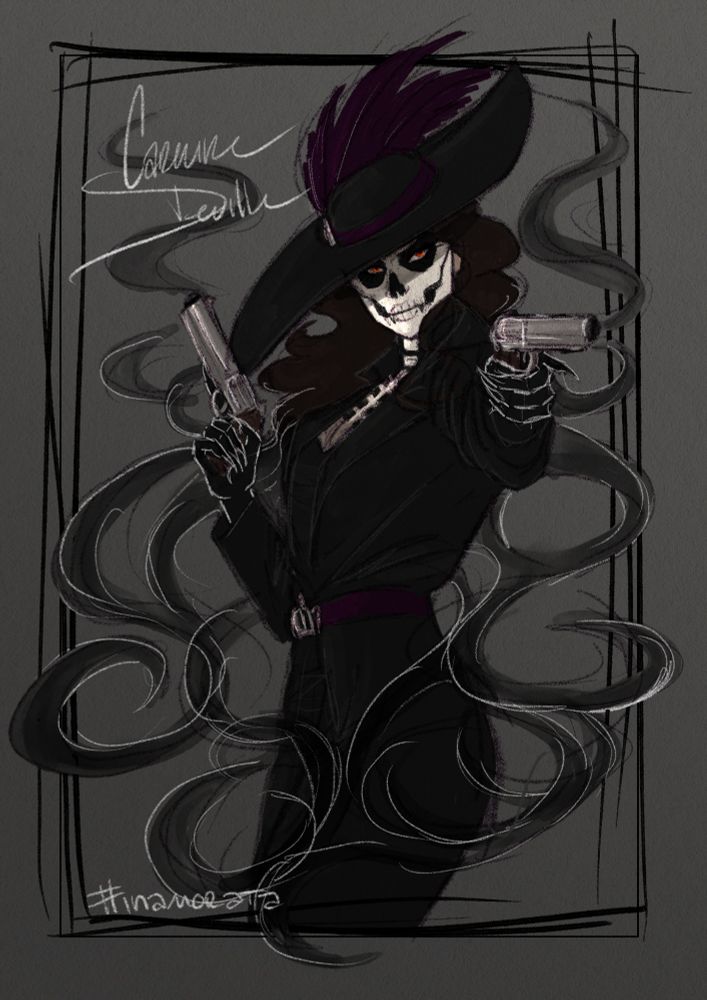 OC, Louisa de la Vega (belongs to @dapperdinobot)
Colored thighs-up digital sketch of a Hispanic woman dressed stylishly in all black with a dark purple belt and purple feathers on her hat. Her face, neck, and part of her chest is painted to resemble a skeleton, and her eyes burn red from the shadows beneath the hat's wide brim. She poses against a grey background with a smoking pistol in each clawed black hand. Wisps of smoke and shadows swirl around her.