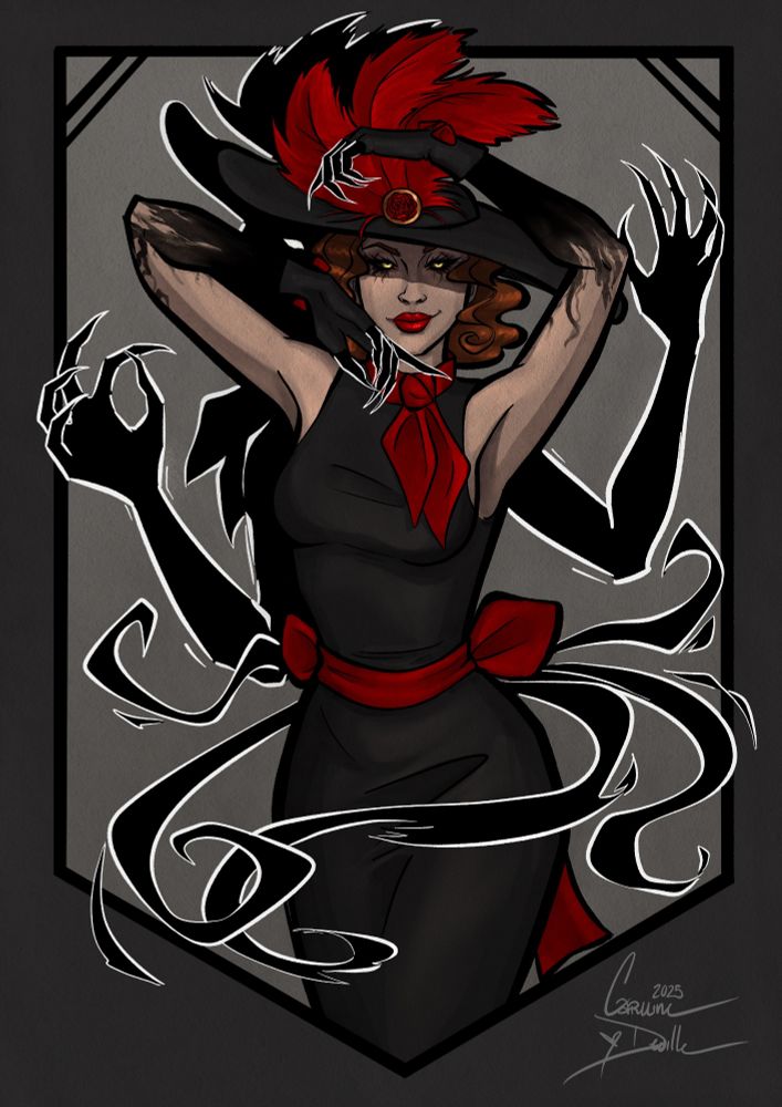 OC, Carmen Romero
Digital artwork of a red-haired woman posed against a grey background. She wears a wide-brimmed black hat and black dress broken only by a red waist tie, short red scarf at the throat, and a plume of red ostrich feathers on the hat. A dark gradient creeps from her blackened claws and fingertips up her arms like an infection, and her eyes shine like a cat's from beneath the brim of her hat. Behind her, her shadow lurks with its monstrous arms closing in on her, while shadowy tendrils curl about her waist.
