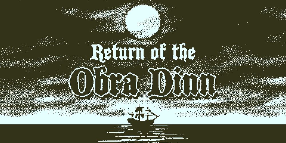 Affiche du jeu Return of the Obra Dinn, représentant un bateau sur la mer, le tout dans un style pixel art