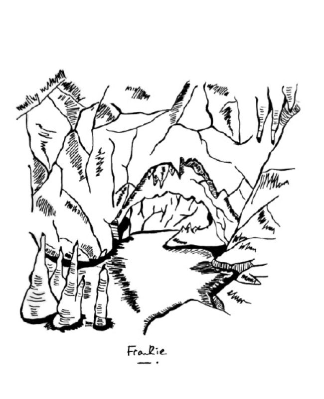 Black and white sketch of a cave with a lake and  stalagmites and stalactites