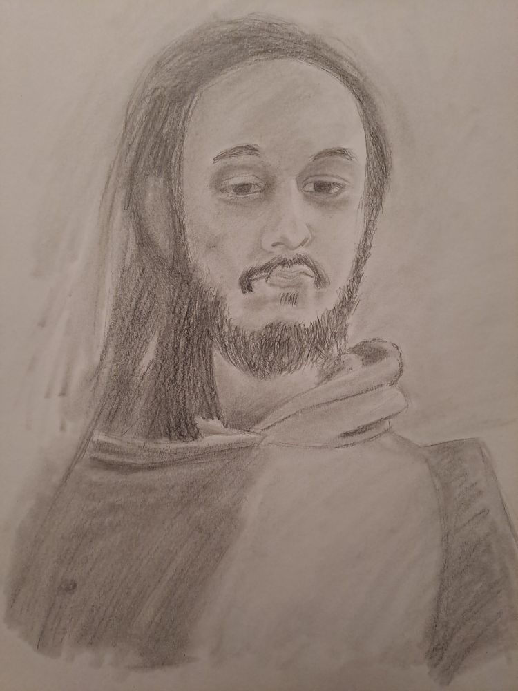 Autoportrait on graphite, with multiple usage of pencils and stamp, mostly with 4H for bases and light shadows, and 2B for beard and hair, or bigger shadows
