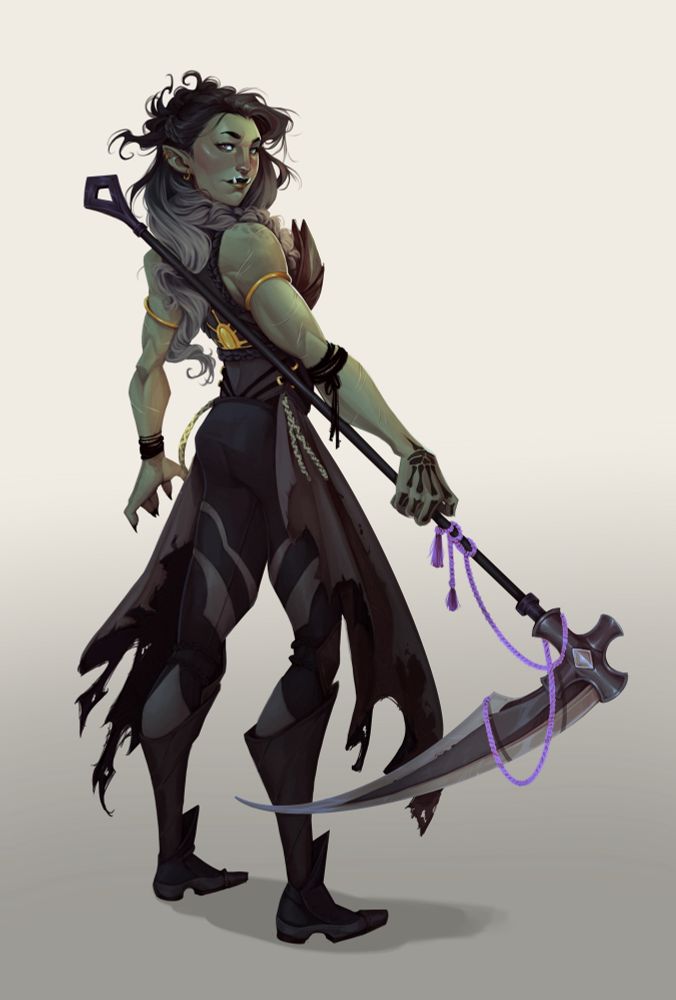 Half-orc bloodhunter holding a large scythe 