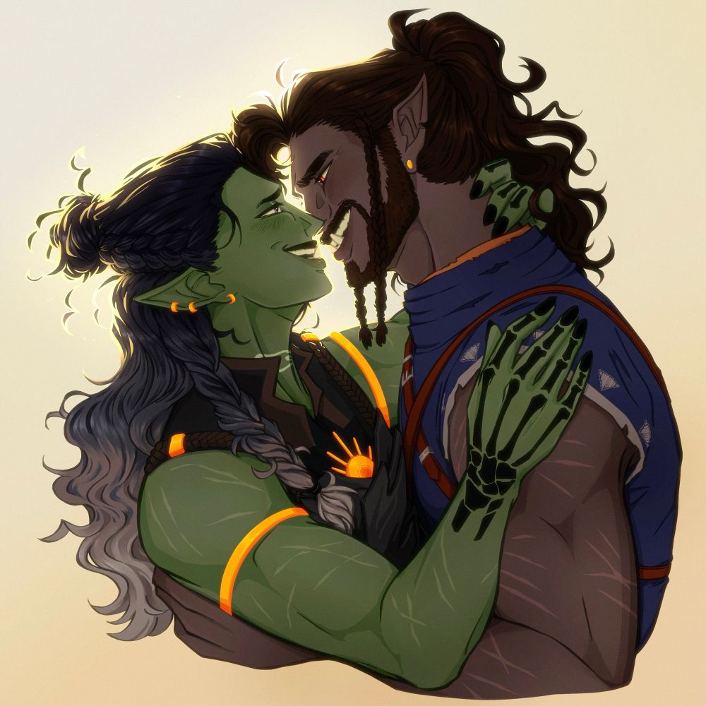 One green and one grey half-orc holding each other’s faces and laughing close together. In love. Backlit by warm sunshine colors. Happy feeling. 