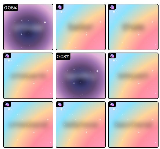 screenshot of a blurred Word Grid result, containing seven unicorns and two galaxy results