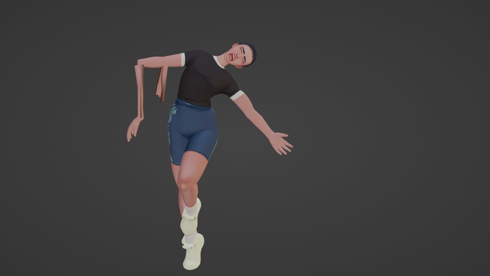 WIP of the rig of girl 2 of 5 from my horror game. She's a sporty 16 year old korean girl with currently missing hair and eyes (for rigging purposes) She wears a black t-shirt and some blue sports leggings with a light blue wave pattern on one side. She also sports white socks and high top sneakers that currently don't have a texture. She's in a slightly distorted dance pose and has a pained expression on her face cause her right arm has been messed up during the rigging process.