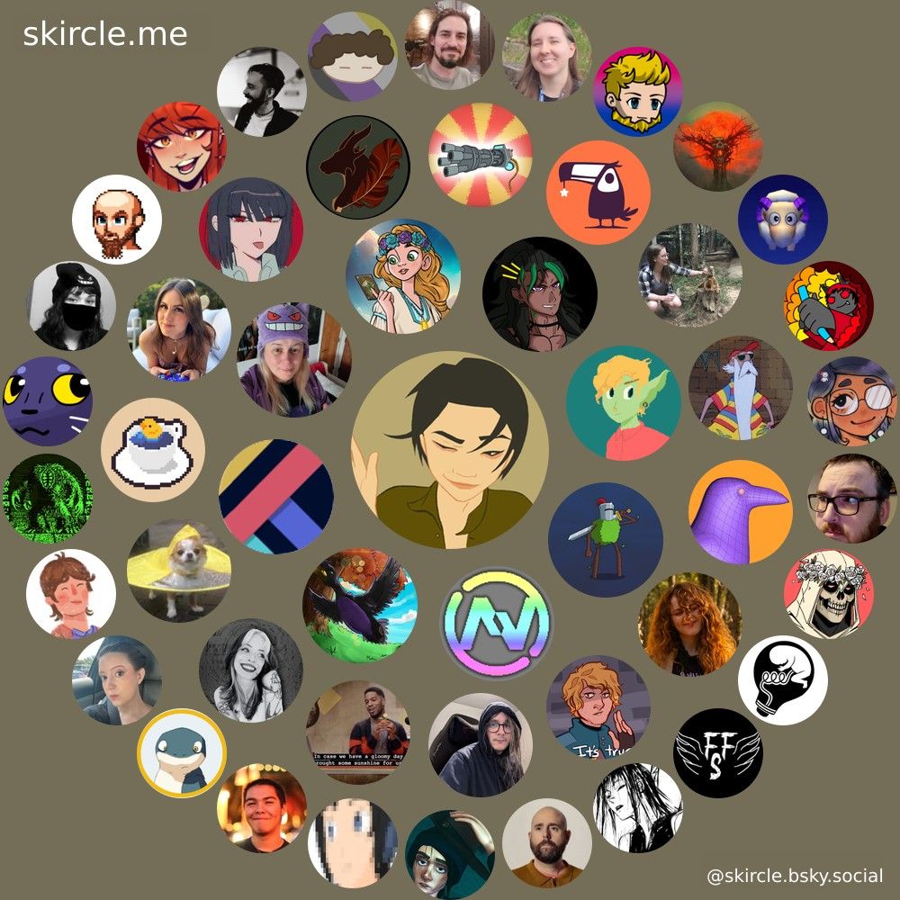 Image of the people who've interacted with me on bluesky these last few weeks. My profile picture is in the middle and it's surrounded by 49 profile pictures of people who are amazing creators, mostly devs and mostly mutuals