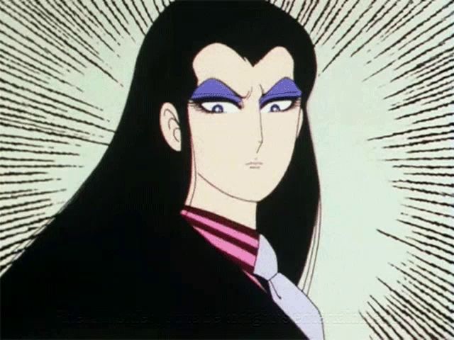 a cartoon drawing of a woman with long black hair and blue eye shadow