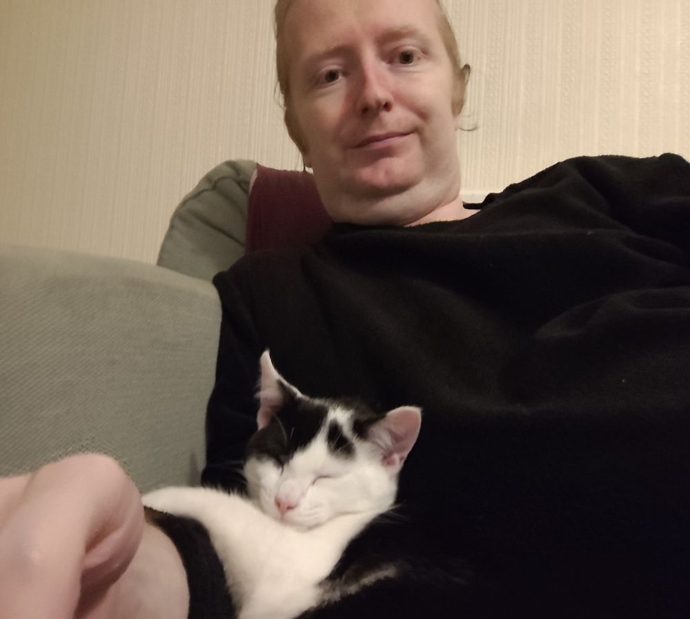 Selfie with a small black and white kitten holding onto an arm and snoozing.