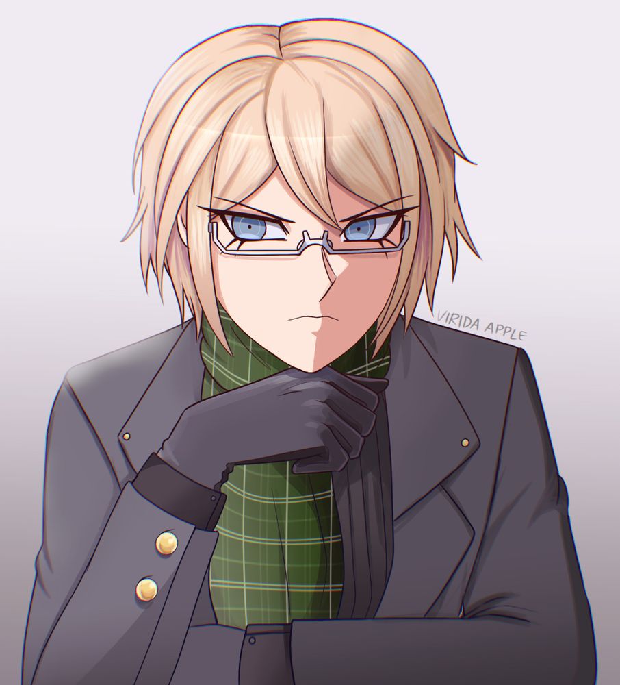 Illustration of Byakuya Togami from Danganronpa in winter wear. His hand is under his chin and he looks into the distance with a cold expression. Signed Virida Apple 