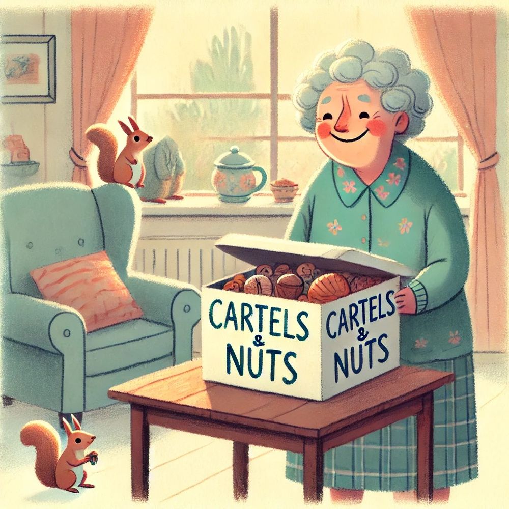 Grandma with a box of cartels and nuts