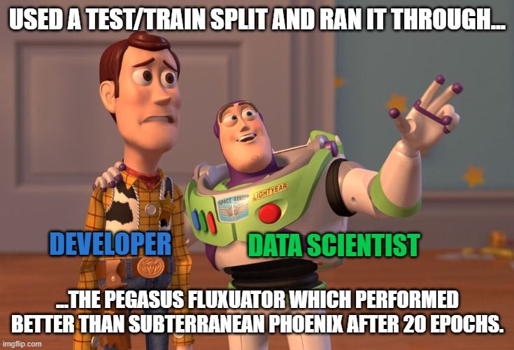 Buzz as a Data Scientist is talking to Woody as a Developer about data science terms and models and Woody is confused: "Used a test/train split and ran it through the Pegasus Fluxuator which performed better than Subterranean Phoenix after 20 epochs."