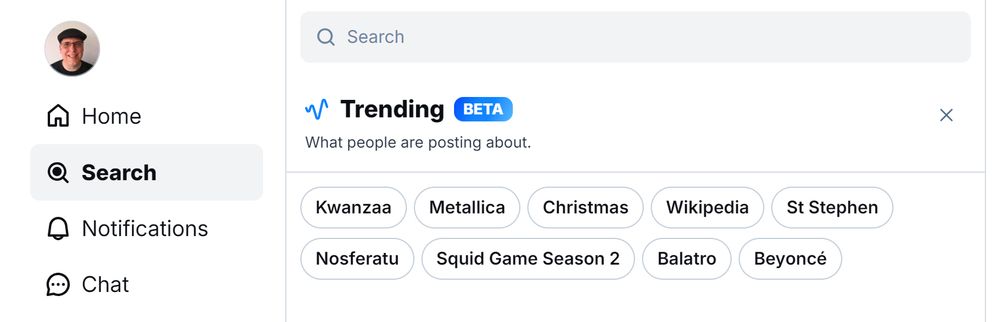 Image a the Bluesky desktop app's Search page showing 10 trending topics.
