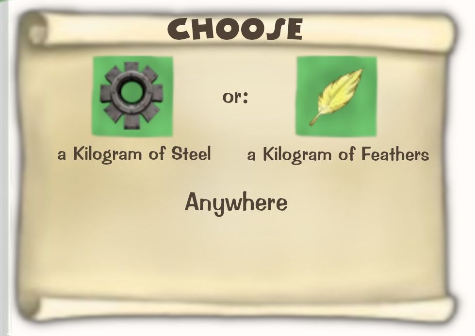 Toontown Online / Toontown Rewritten Task Scroll. Title: CHOOSE. Objective: a Kilogram of Steel or a Kilogram of Feathers. Location: Anywhere.