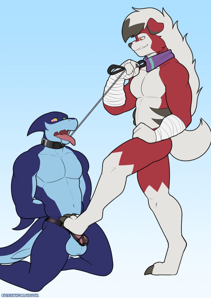 Shark with a chastity cage kneeling and hypnotized as a lycanroc (Havoc) is stepping on the cage and tugging a chain leash and looking smug.